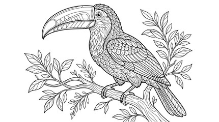 Obraz premium Detailed Toucan Perched on Branch – Black and White Line Art