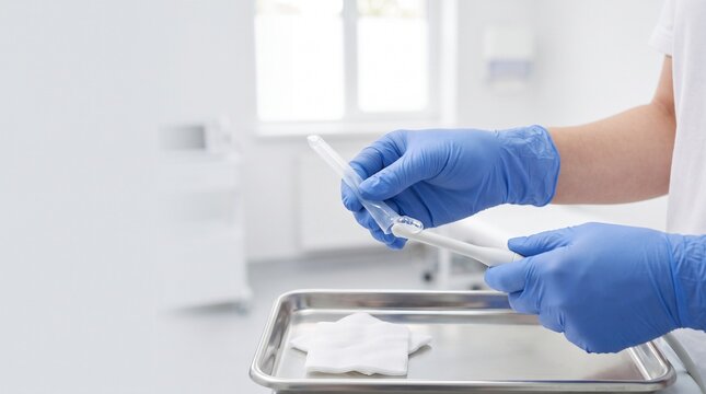 Clinician in blue gloves preparing a disposable vaginal speculum on a sterile tray for a gynecological examination.