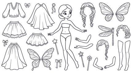 Fototapeta premium Fairy paper doll dress up kit with magical outfit accessories.