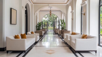 Fototapeta premium A bright, luxurious, symmetrical hallwaylobby. White walls, whitecream sofas with mustardgold pillows, marblepolished floor with black borders, arched doorways, a large arched glass
