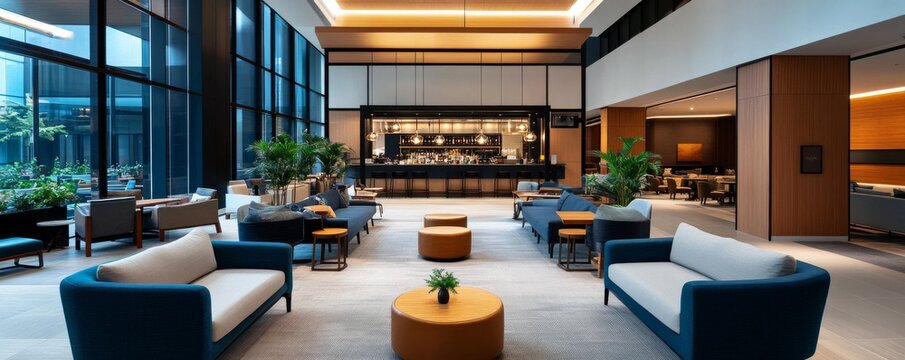 A luxury hotel loungelobby. Modern, upscale, symmetrical, airy, sophisticated. Symmetrical composition, wide-angle shot, vanishing point towards a bar. High ceilings