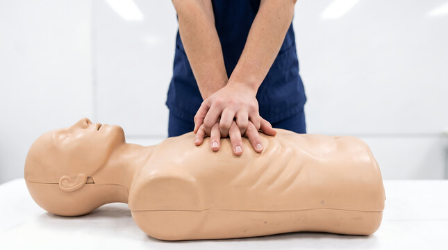 Close up of medical student or instructor hands performing CPR chest compressions on a dummy mannequin torso during a first aid and resuscitation training class