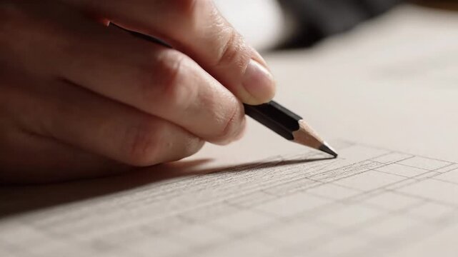 Closeup of a persons hand holding a pencil and drawing on paper with detailed grid lines