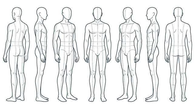 Male body template with measurement lines in six views.
