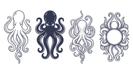 Vintage octopus illustrations with tentacles and ink. © NAZMA