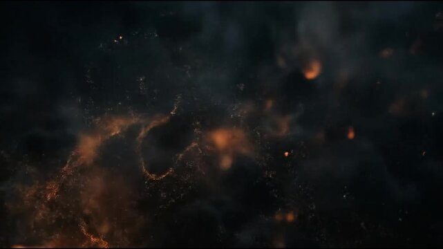 Dark background with embers and fiery sparks.