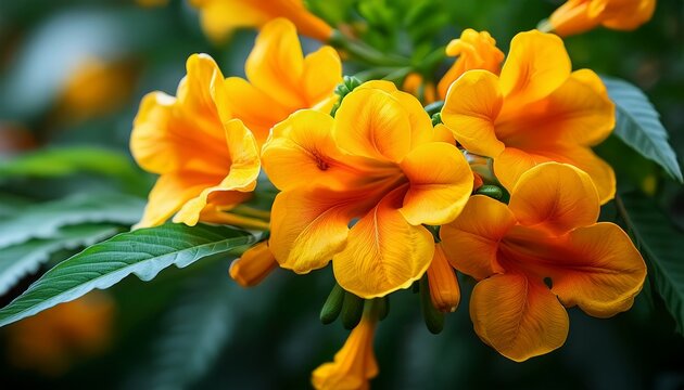 close up view of vibrant tecoma stans blossoms with green leaves