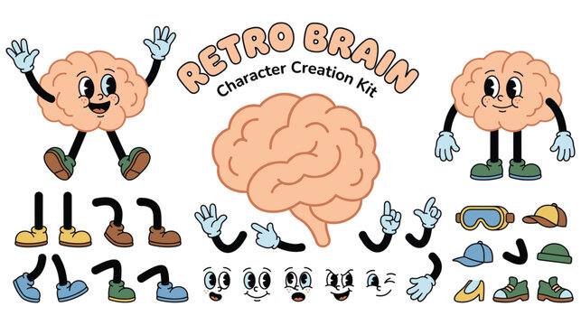 Retro brain character creation kit mascot laboratory design.
