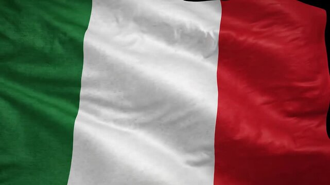 Italian flag with green white and red vertical stripes waving on fabric