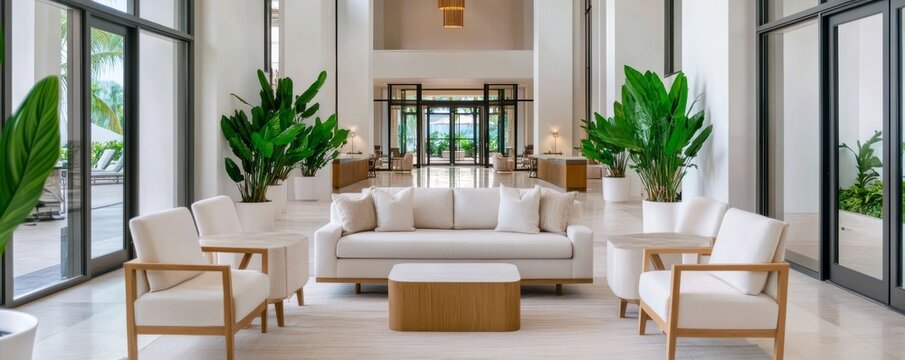 Image analysis A luxury, modernminimalist interior lounge. Symmetrical composition. High ceilings, white walls, large glass windowsdoors. Central white sofa, flanked by two armchairs