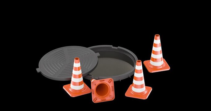 Open sewer manhole with round cover and orange traffic cones  rotation animation seamlessly loopable. 3D rendering isolated on transparent background