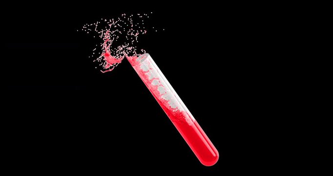 Laboratory test tube with blood and blood splashes rotation animation seamlessly loopable. 3D rendering isolated on transparent background