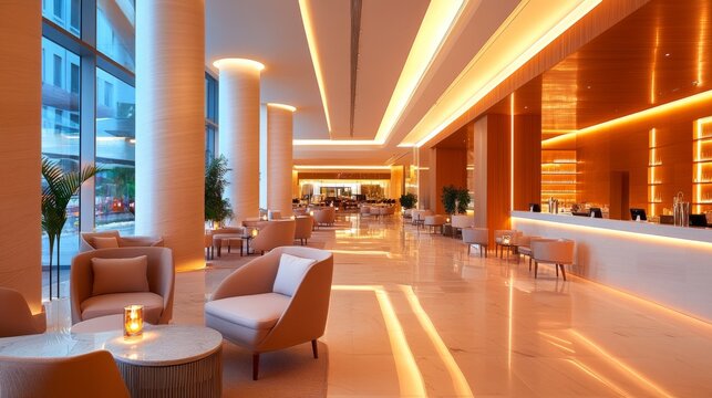 Input An image of a luxurious hotel lobbyloungebar area. Goal Write a . Requirements Include composition details (e.g., wide angle, perspective, symmetry). Include image details (e.g.,