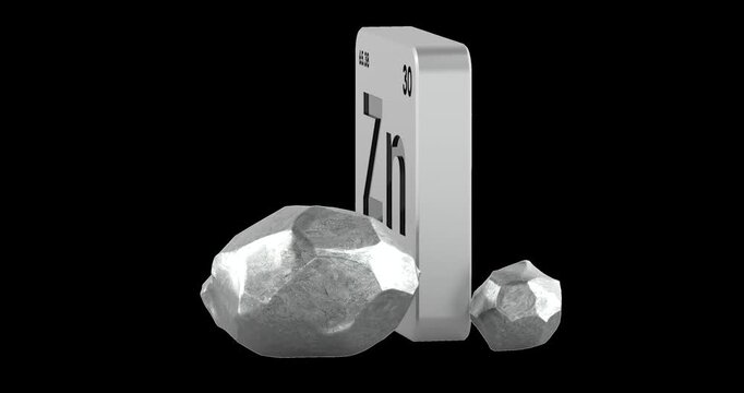 Zinc element tile and zinc rocks rotation animation seamlessly loopable. 3D rendering isolated on transparent background
