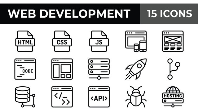 Web Development Icons: HTML, CSS, JS, Code, Hosting, API, Bug, Rocket, Database