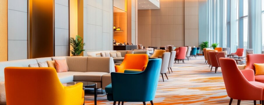 Input An image of a modern, colorful hotel loungelobby. Requirements including composition details, image details, concept. Include related keywords in the . Total character limit $le$
