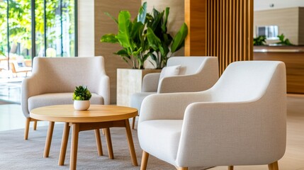 Fototapeta premium Input Image A modern, bright, luxurious hotel lobby or lounge area. Key Elements Composition Three beigeoff-white armchairs arranged around a small round wooden coffee table.
