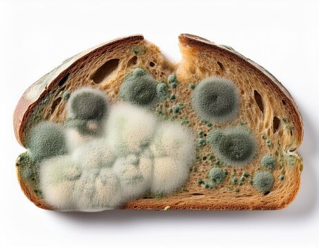 slice of bread covered with green black and white mold colonies isolated on white background