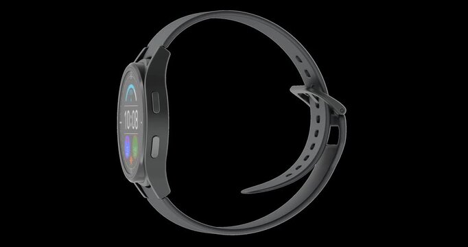 Black smartwatch fitness tracker rotation animation seamlessly loopable. 3D rendering isolated on transparent background