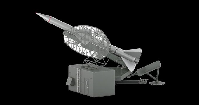 Air defense missile system with launcher radar antenna and missile rotation animation seamlessly loopable. 3D rendering isolated on transparent background