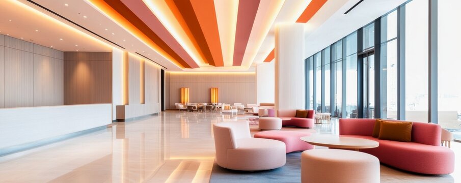 Modern, high-end interior loungelobby. Composition One-point perspectivelinear perspective, leading lines (ceiling and floor), wide-angle view, symmetrical-ish ceiling. Image Details