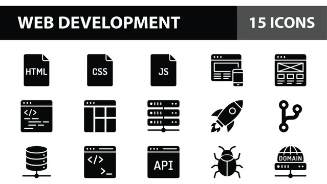 Web Development Icons: HTML, CSS, JS, API, Server, Bug, Domain, Rocket