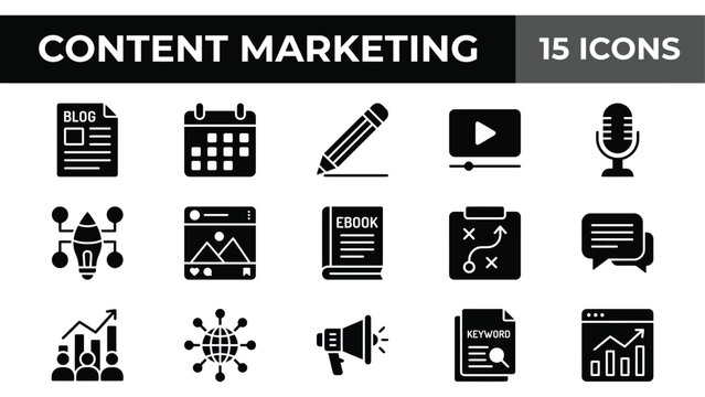 Content Marketing Icons Set: Strategy, SEO, Blogging, and Social Media Tools