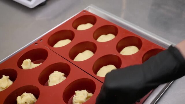 Close-up of a professional pastry chef wearing black nitrile gloves carefully placing small portions of dough or batter into a red multi-cavity silicone baking mold. This footage showcases the precise