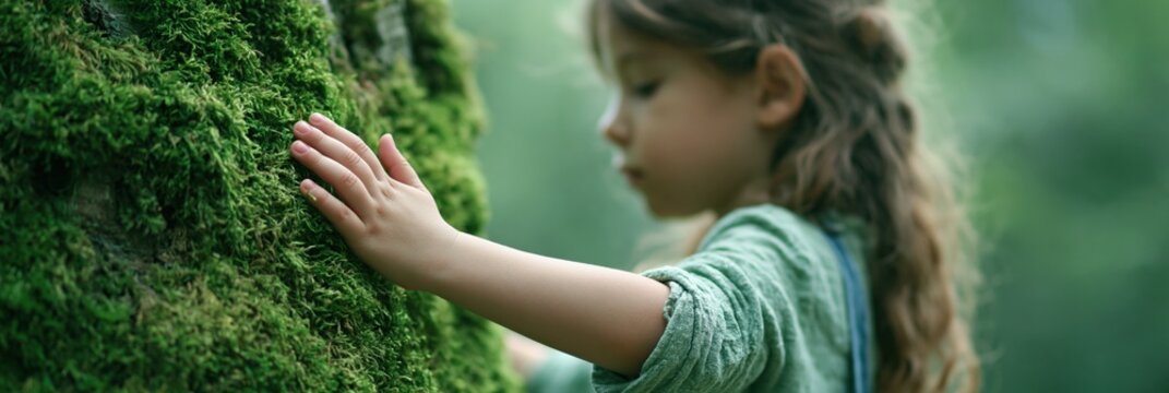 Little girl placing her hand on thick mossy bark in shady woodland for mindfulness background and childhood nature exploration poster