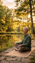 Obraz premium Mature man meditating peacefully by tranquil lake at sunset embracing self care and mental wellness