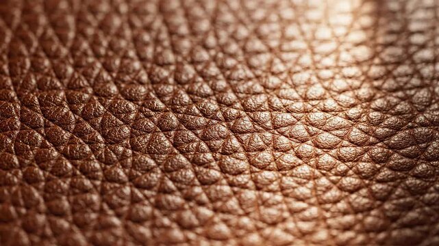 Closeup of textured brown leather surface showing detailed grain pattern and natural finish