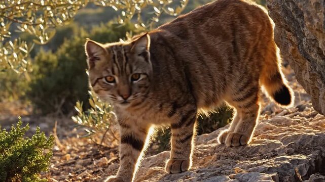 Alert wild feline prowling on rocky mountain terrain during golden hour sunset light.