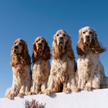 Four English Cocker Spaniel Dogs Sitting Together Outdoors Against Clear Blue Sky Portrait