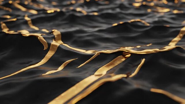 Closeup of black fabric with gold trim and reflective highlights creating a textured pattern