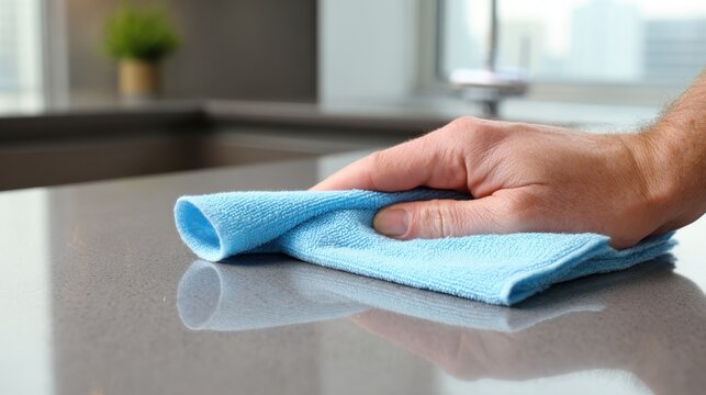 Hand wiping kitchen countertop with blue microfiber cloth, clean home concept