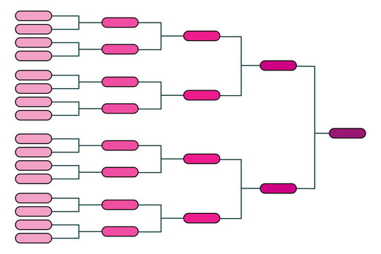 Colorful tournament bracket chart for 32 teams or participants in pink hues