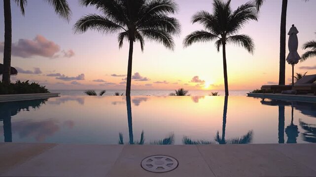 Tropical infinity pool with palm tree reflections at sunset overlooking the ocean in a luxury resort.