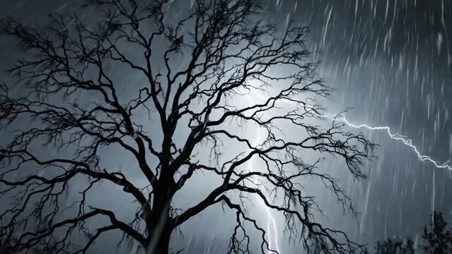 Tree silhouette during thunderstorm with lightning and heavy rain in dark night sky