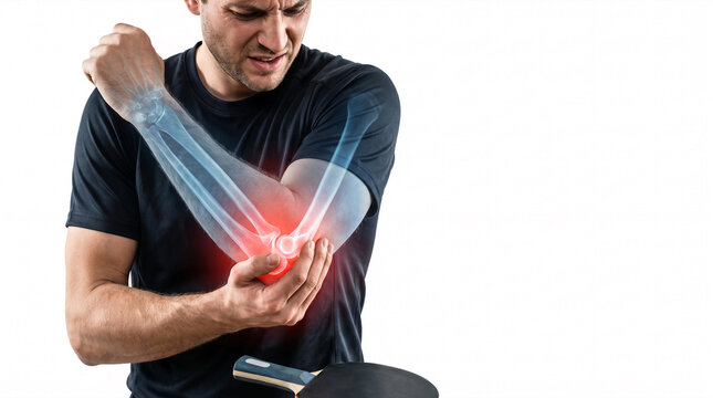 Male athlete experiencing severe elbow pain, holding table tennis paddle, showing injury
