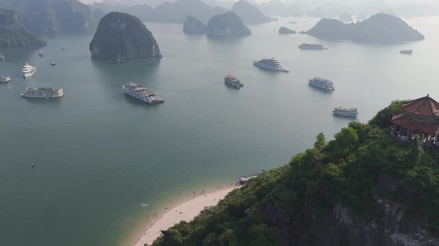 Aerial images of Ha Long Bay in Vietnam, cruise ships and mountains, 4k 30fps 1 inch sensor, drone images