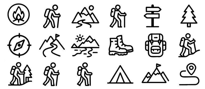 Hiking Trekking Icon Set. Mountain Adventure, Nature Trail and Outdoor Camping Travel Design Vector Illustration on Transparent Background.