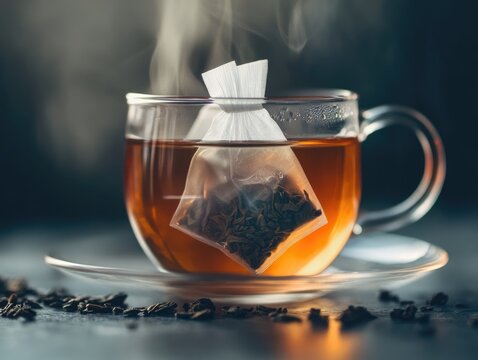 Steaming Glass Cup of Black Tea with Hanging Tea Bag and Loose Tea Leaves Close Up