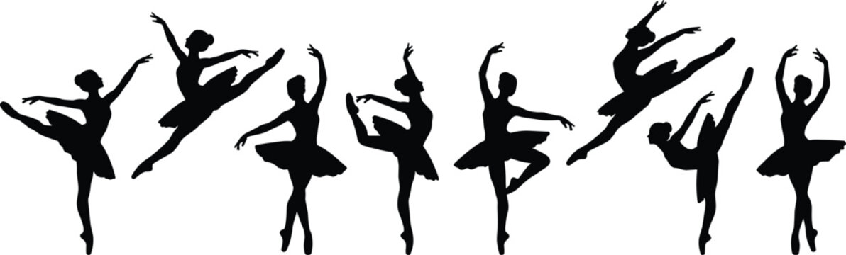 Seven ballet dancer silhouettes showing arabesques, pirouettes, leaps, and graceful classical dance poses with tutus