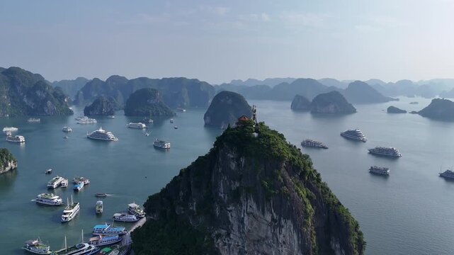 Aerial images of Ha Long Bay in Vietnam, cruise ships and mountains, 4k 30fps 1 inch sensor, drone images