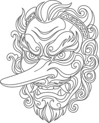 Fototapeta premium Traditional japanese tengu mask line art drawing with japanese, mythology
