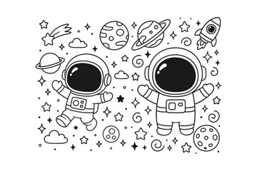 A charming black and white hand-drawn illustration featuring two tiny astronauts exploring the vast universe filled with stars and planets © BWKit