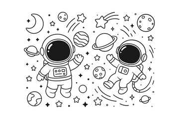 Cute cartoon astronauts floating in space with planets and stars drawn in a simple clean black and white line style © BWKit