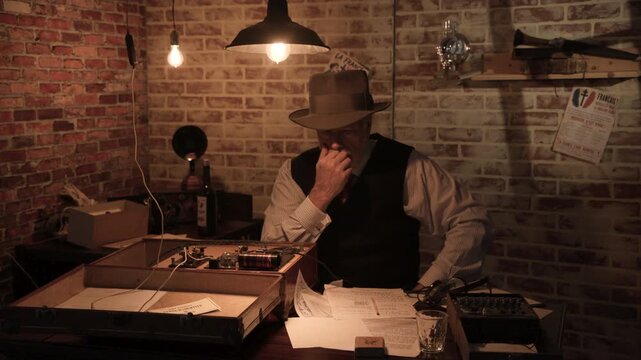 WWII spy writes information and thinks about the mission