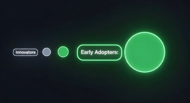Digital interface displays a glowing green early adopter badge with circular progress indicators on a dark background.