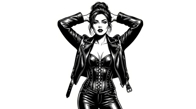 A confident fictional woman wearing a leather jacket over a lace-up corset, posing with her hands behind her head in a bold pin-up inspired fashion portrait. 